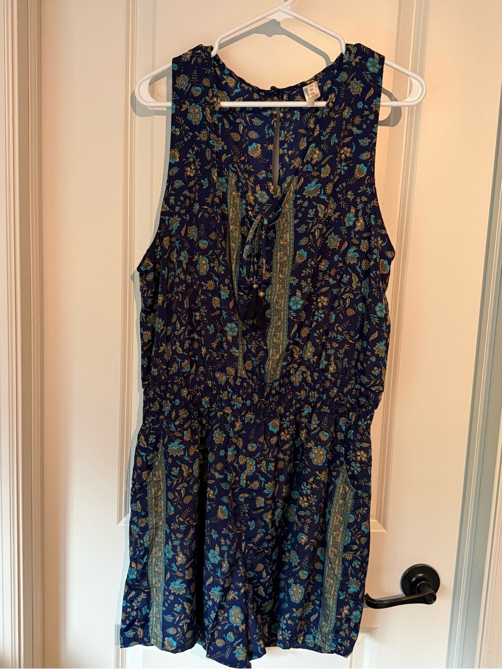 RAGA Navy Blue Floral Tie-Front Romper with Teal Accents